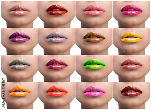 Collage of colored lips on a white background