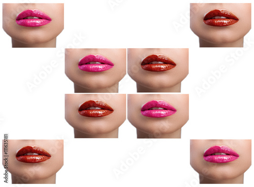 Collage of colored lips on a white background