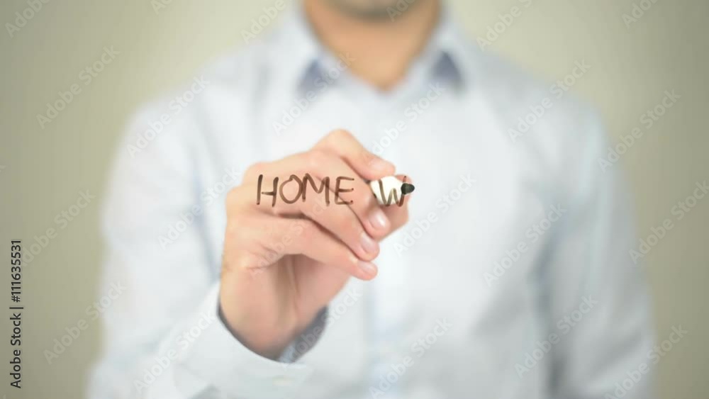 Home Work, man writing on transparent screen Home Work, man writing on transparent screen