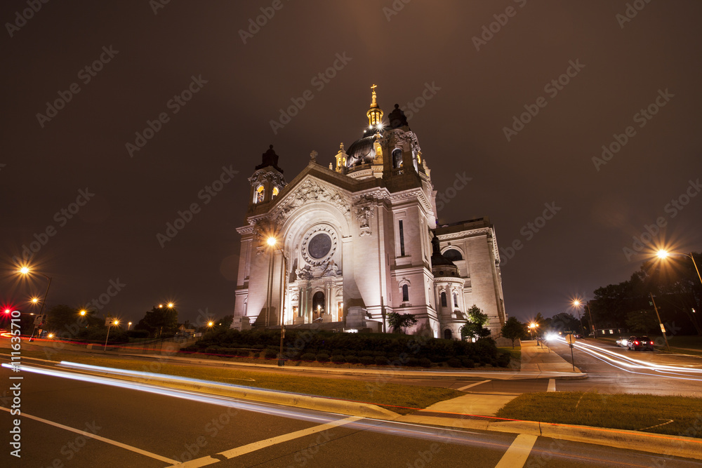 St. Paul's Cathedral in St. Paul, Minnesota on a rainy night 