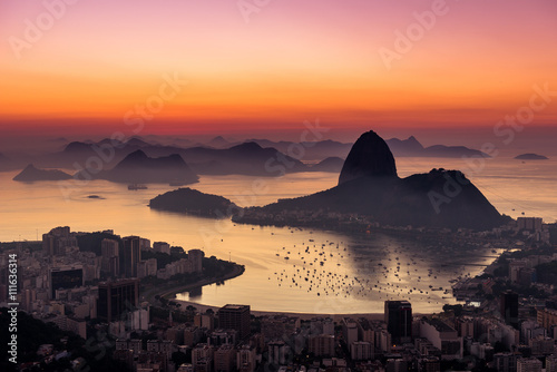 Rio de Janeiro just before Sunrise, view with the Sugarloaf Mountain