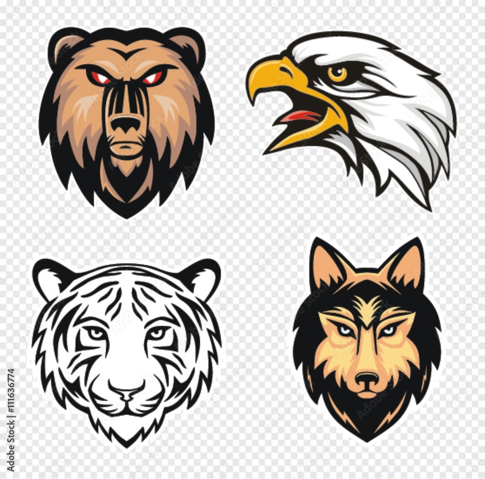 Set of Four Animal Mascots, wolf, tiger, bear, eagle Vector Illustration Set of Four Animal Mascots, wolf, tiger, bear, eagle Vector Illustration
