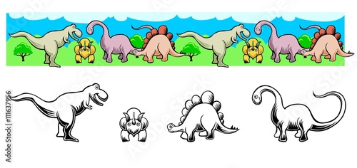 cartoon dinosaurs in conversation, with black outline versions