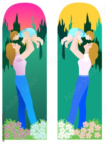 Woman holding up her baby. With unshaded version.