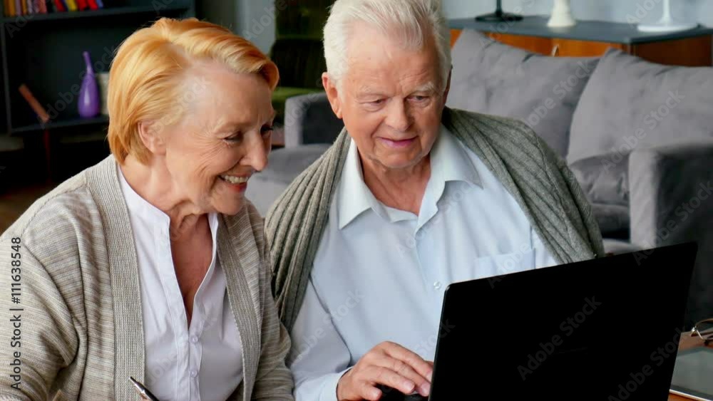 Senior couple websurfing on internet with laptop. Happy elderly man and woman using computer Senior couple websurfing on internet with laptop. Happy elderly man and woman using computer
