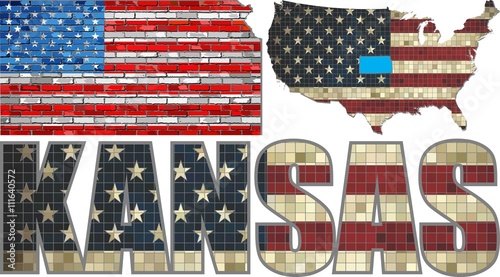 USA state of Kansas on a brick wall - Illustration,
The flag of the state of Kansas on brick textured background, 
Font with the United States flag, 
Kansas map on a brick wall