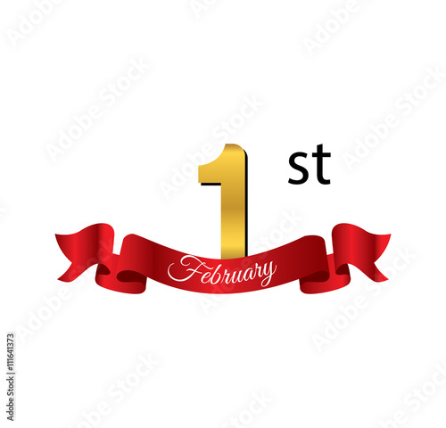 1 february golden calendar with red ribbon