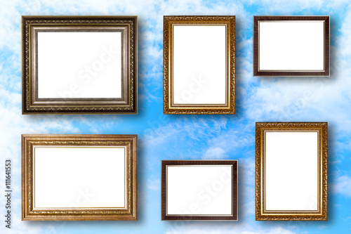Set of picture frame. Photo art gallery on blue sky background.