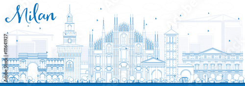 Outline Milan Skyline with Blue Landmarks.