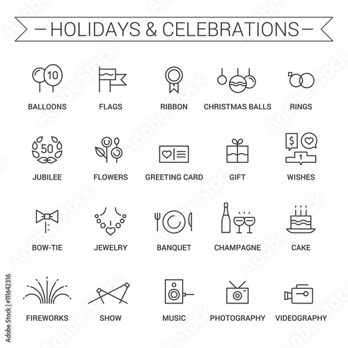 Icons of holidays and celebrations. Linear. Black.