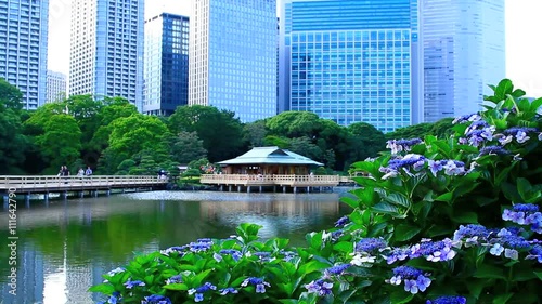 Tea house with Shiodome's skyscrapers in the background. photo