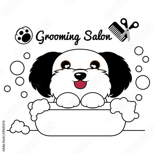 Grooming Dog Salon , Dog in tub and bubbles soap. Vector Illustration 
