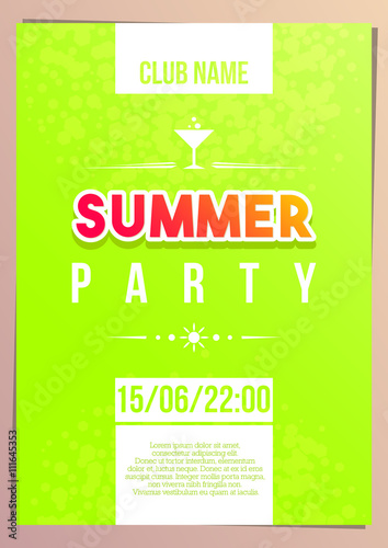 Vertical bright green summer party background with graphic elements and text. 