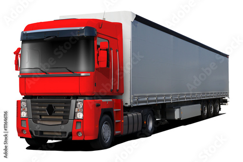 Photography Red truck renault magnum isolated on white background.