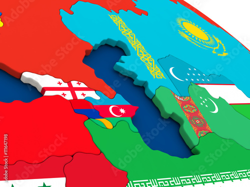 Caucasus region on globe with flags © harvepino