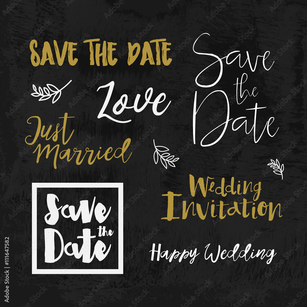 Obraz premium Save The Date Wedding invitation labels. Save The Date lettering. Save the date templates, wedding invitation with hand drawn lettering Isolated. Save the date template. Vector Save the date card.