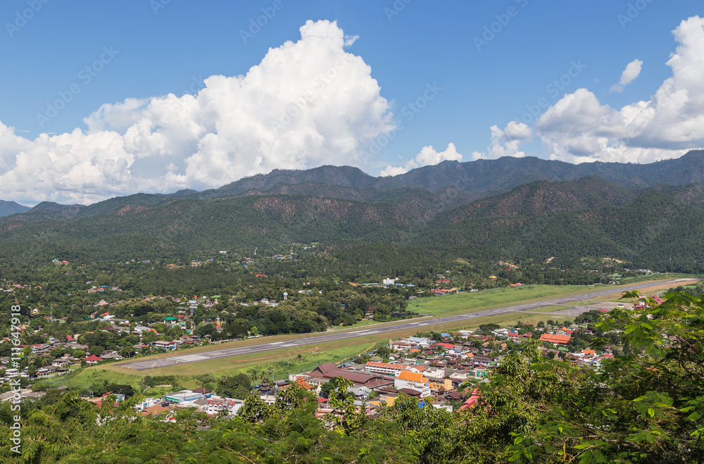 High angle view of mae hong son city and runway mae hong son airport  in Thailand.
