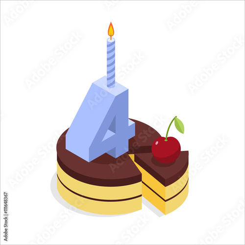 4 years birthday cake isometrics. Number four with a candle. Cel