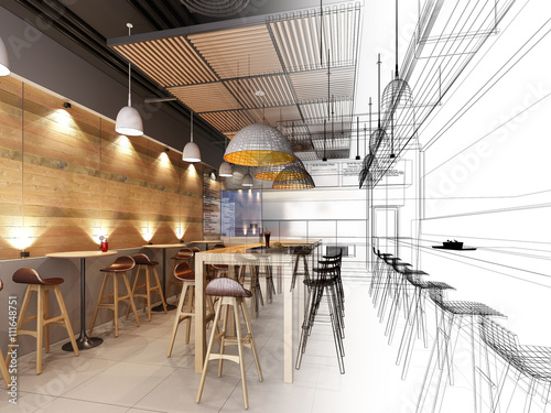 sketch design of resturant ,3d wire frame render 