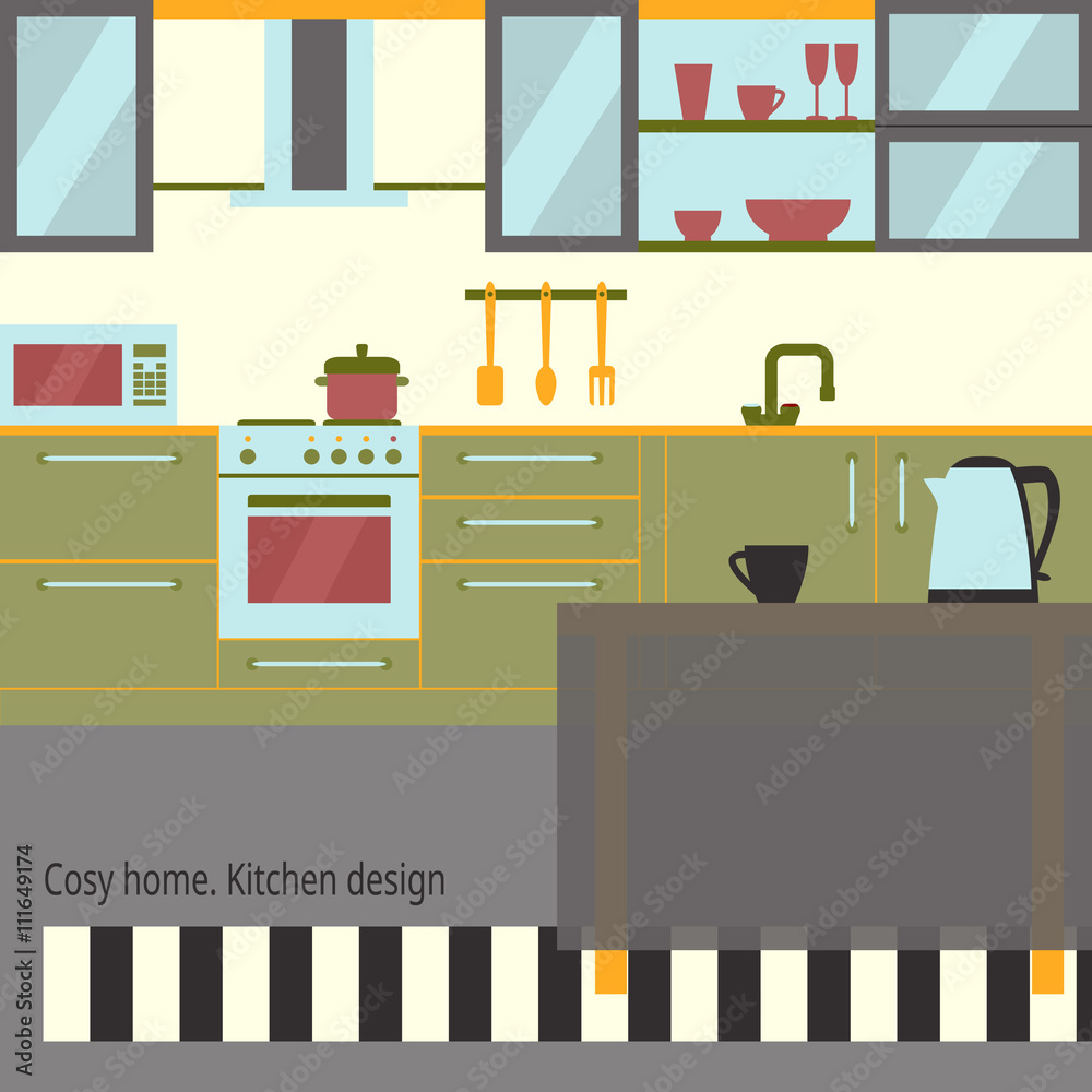 Kitchen interior flat design with furniture and kithenware. Front view