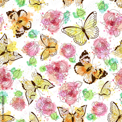 Seamless pattern with silhouettes of butterflies and vector imitation of watercolor spots.