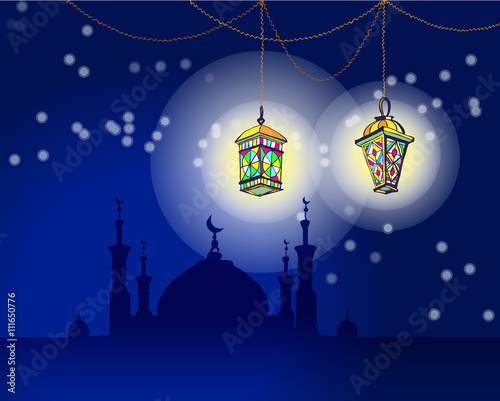 Two Arabic Lanterns or Fanous hanging on threads and shine. Mosque with minarets and the night sky background. Greeting card for Ramadan Kareem, Eid Mubarak