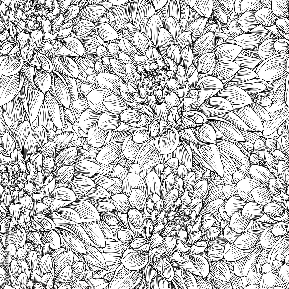 beautiful black and white seamless pattern in dahlia. background for design for greeting card and invitation of the wedding, birthday, Valentine's Day, mother's day and other seasonal holiday beautiful black and white seamless pattern in dahlia. background for design for greeting card and invitation of the wedding, birthday, Valentine's Day, mother's day and other seasonal holiday