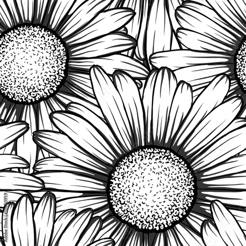 Fototapeta Naklejka Na Ścianę i Meble -  Beautiful monochrome black and white seamless background with flowers daisy. for greeting cards and invitations of wedding, birthday, Valentine's Day, mother's day and other seasonal holiday