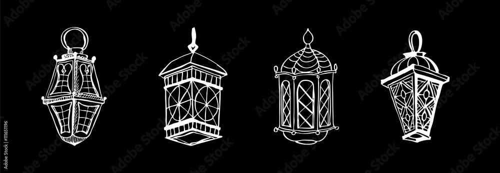 Fototapeta premium Four different Colorful Arabic Lanterns or Fanous Hand drawn ink sketch. Lanterns Traditional Decoration Fanoos Isolated on White Background