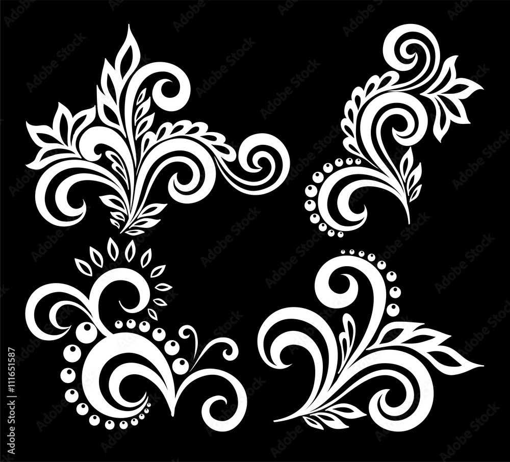 set of beautiful monochrome black and white flowers and leaves isolated.