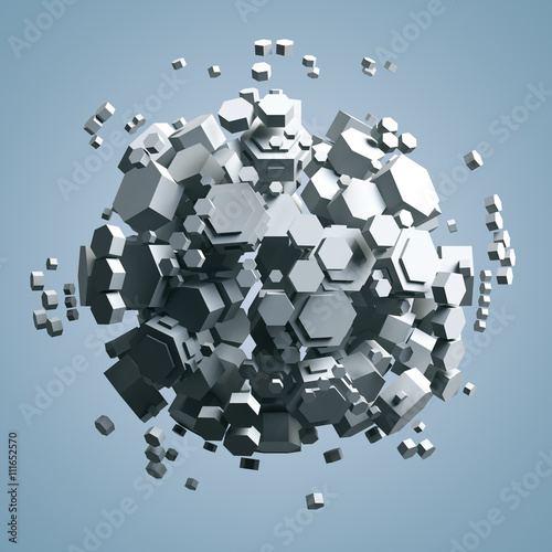3D rendering of white hexagonal prism. Sci-fi background. Abstract sphere in empty space.