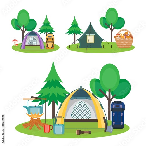 Fototapeta Naklejka Na Ścianę i Meble -  Travel hiking concept. Forest holidays  composition. Hiking and camping  tourism equipment. Camping. Forest rest. Picking mushrooms in the basket. Vector illustration. Flat cartoon style