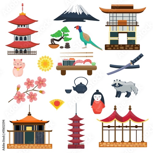 Japan vector collection. Japanese traditional symbols culture. Travel set. Sacura and Fuji, neko maneki and tanuki. Sushi and samurai sword, kizi and kimekomi ningyo. Flat cartoon illustration photo