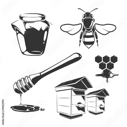 Vector elements for honey vintage labels. Honey natural food and sweet honey illustration