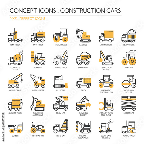 Construction Cars , thin line icons set , Pixel Perfect Icons