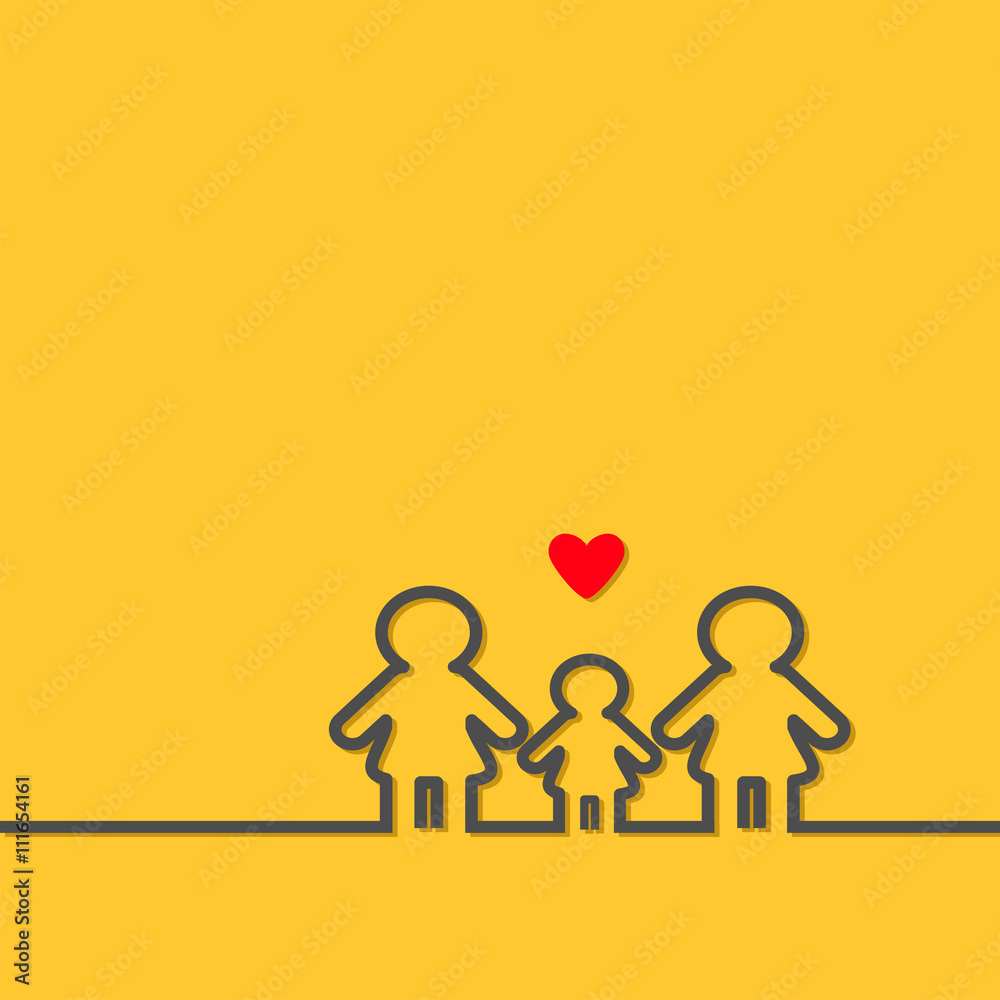Two mothers and baby girl daughter. Gay lesbian marriage Pride symbol Contour line woman sign LGBT icon Female gender symbol. Happy family concept. Red heart. Yellow background Flat design