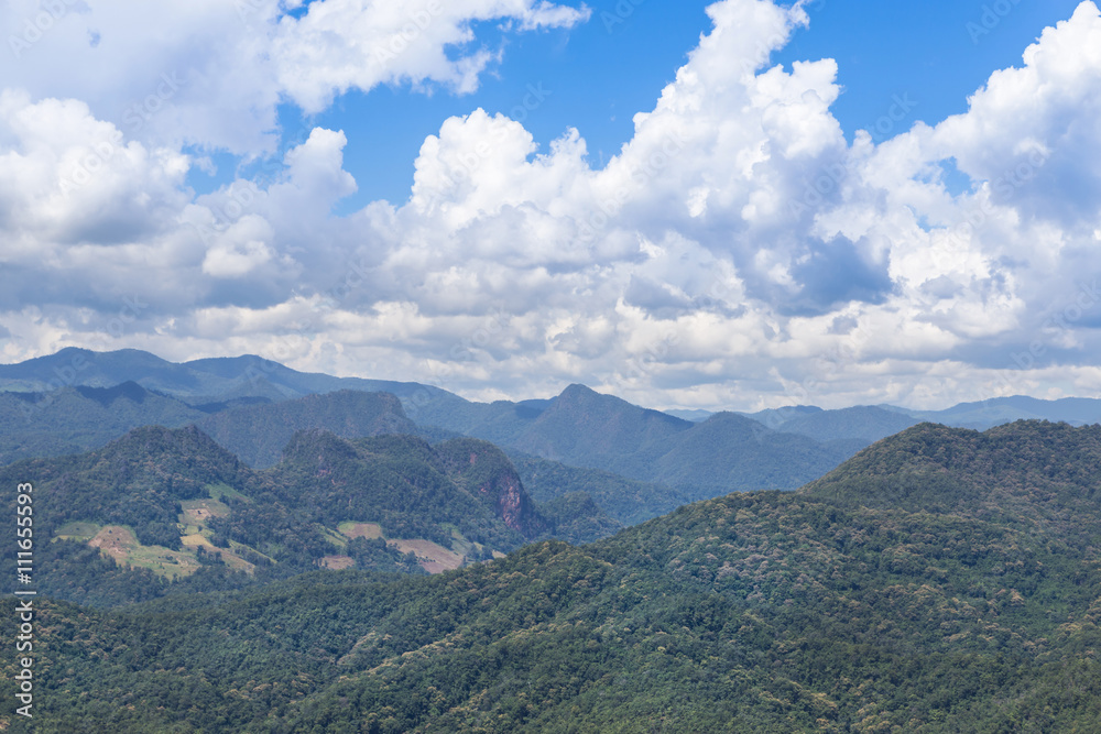 high angle view tropical mountains from viewpoint ban luk khao lam, mae hong son,  thailand