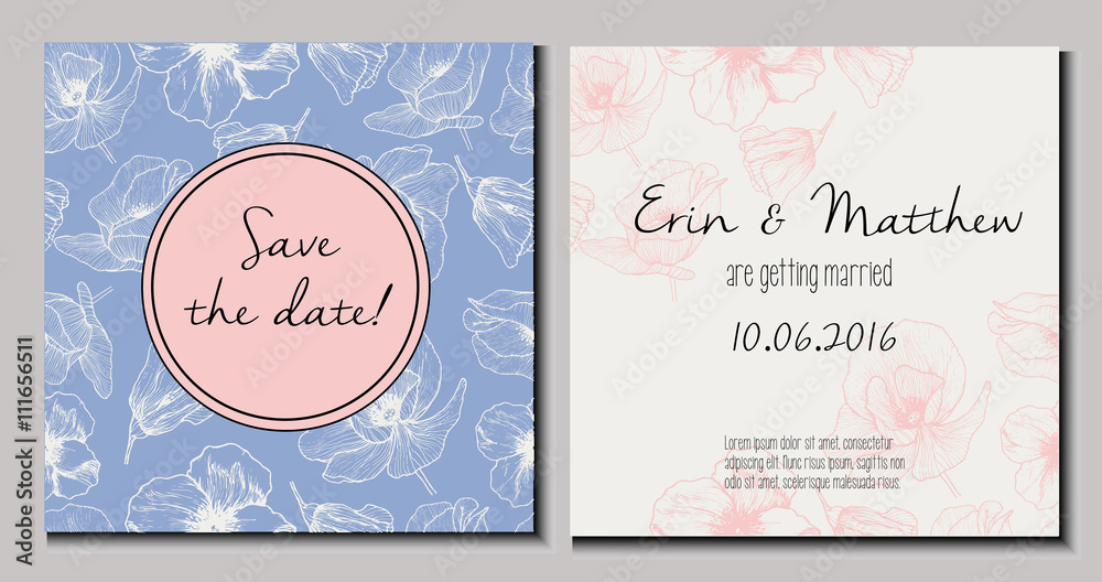 Vector set of wedding invitation. Save the date double-sided card. Trendy color of 2016 Rose quartz and Serenity. Poppy pattern backdround and round text template. Hand drawn. 