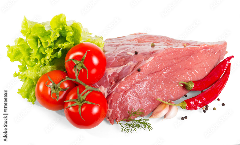 Fresh beef, tomato, lettuce, hot pepper, spice isolated on white . Fresh beef, tomato, lettuce, hot pepper, spice isolated on white .