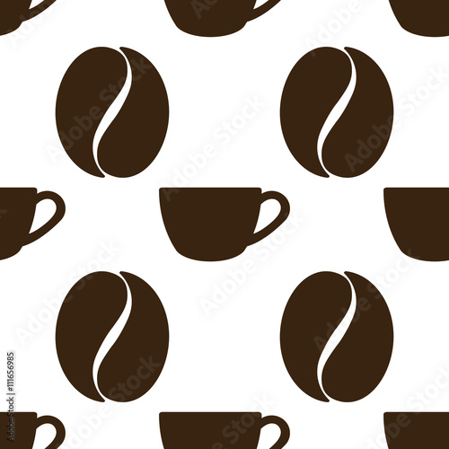 Icono plano patrón con taza y grano de cafe sobre fondo blanco
