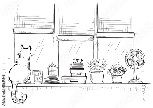Windowsill with home love objects and cute cat.Hand drawn sketch