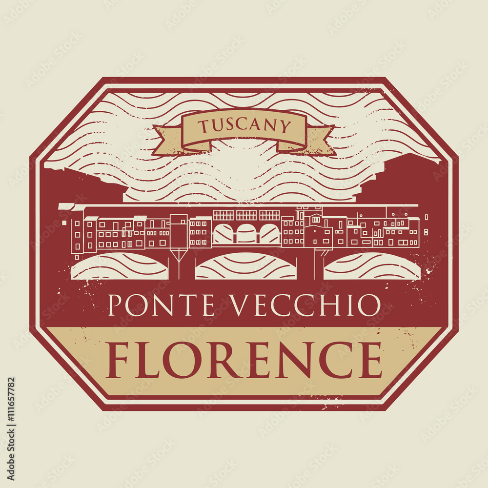 Stamp with old bridge and the name of Florence, Tuscany