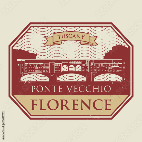 Stamp with old bridge and the name of Florence, Tuscany
