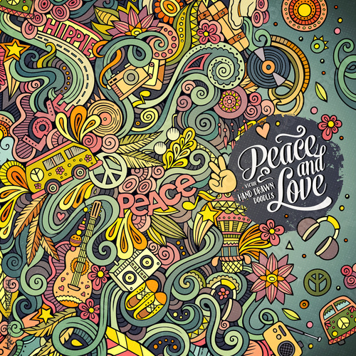 Cartoon hand-drawn doodles hippie illustration