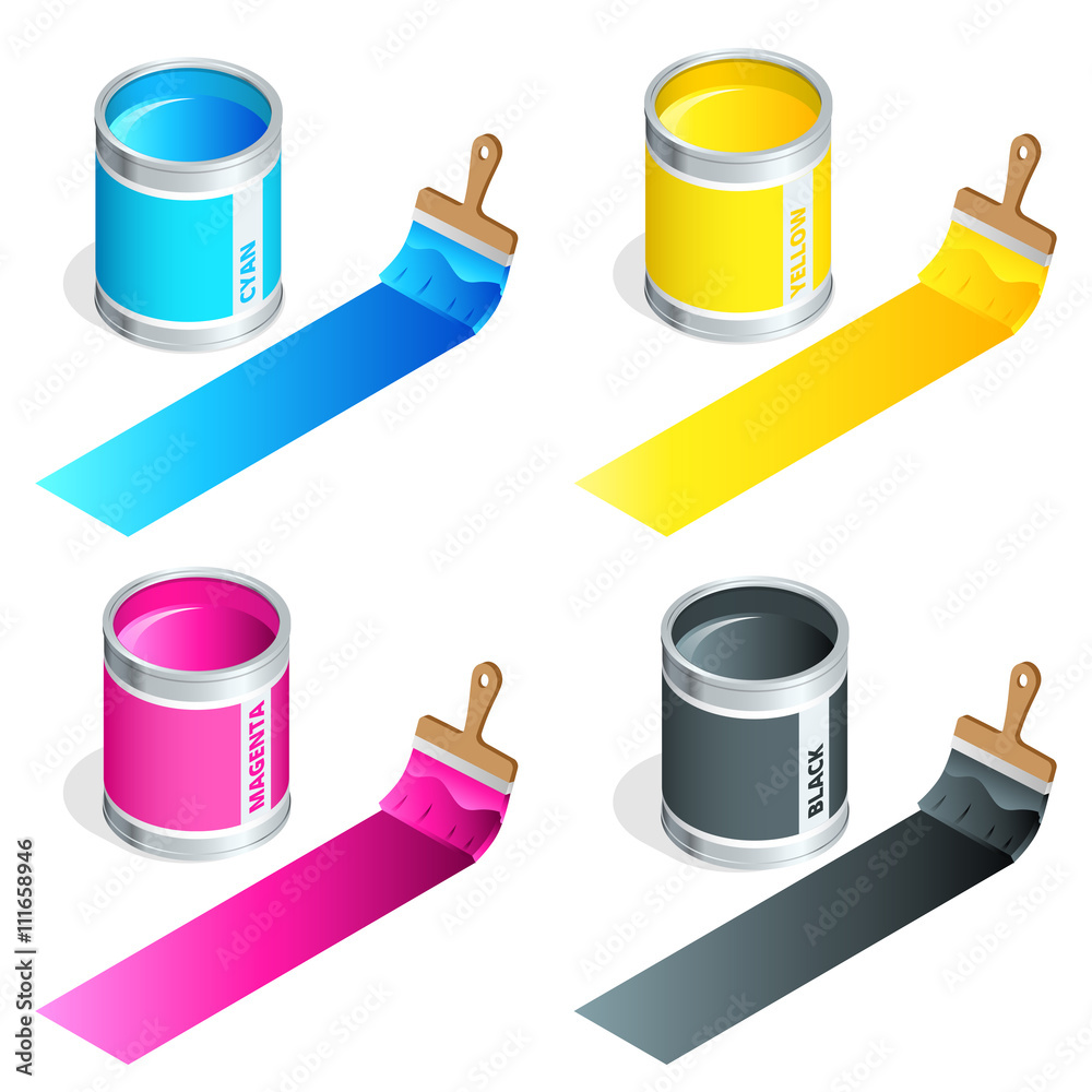 Bottles of ink in cmyk colors and paint brush on white isolated ...