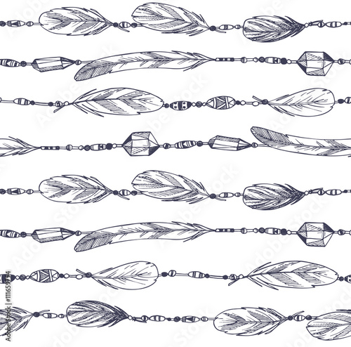 Hand drawn illustration. Seamless pattern with feathers and bead