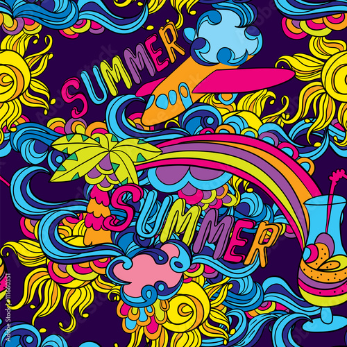 Vector illustration of a summer theme. Postcard or poster . Vector Doodles . Vacation . Design elements . Seamless pattern 