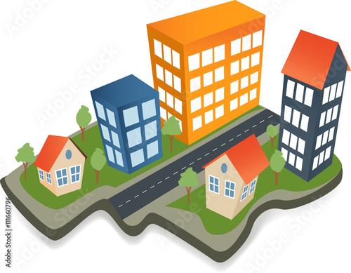 Abstract colorful city.Colorful real estate, city  icons Isometric icons, city building, structure, trees Isometric town buildings.Real estate background template
