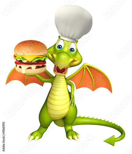 fun Dragon cartoon character with burger and chef hat