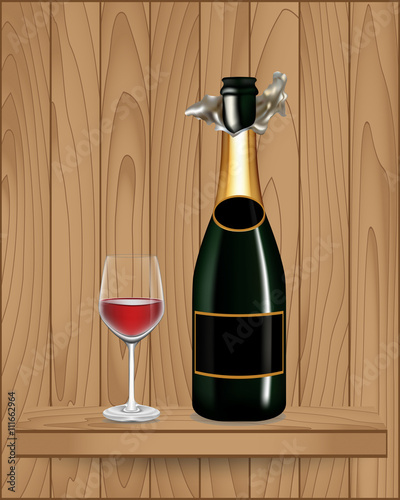 Bottle green wine and glass on wood shelf